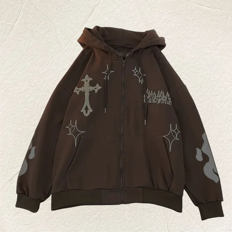 2024 Autumn/Winter Hooded Sweatshirt Embroidered Cross Fire Jacket Fleece-Lined Couple Loose-Fit Top Sweatshirt