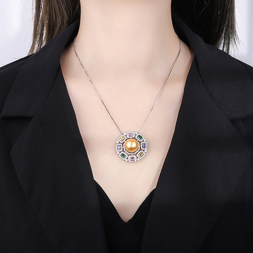 Luxury 14Mm White Gold Big Pearl Gemstone Pendant Necklace for Women High Carbon Diamonds Party Fine Jewelry Anniversary Gifts (086)