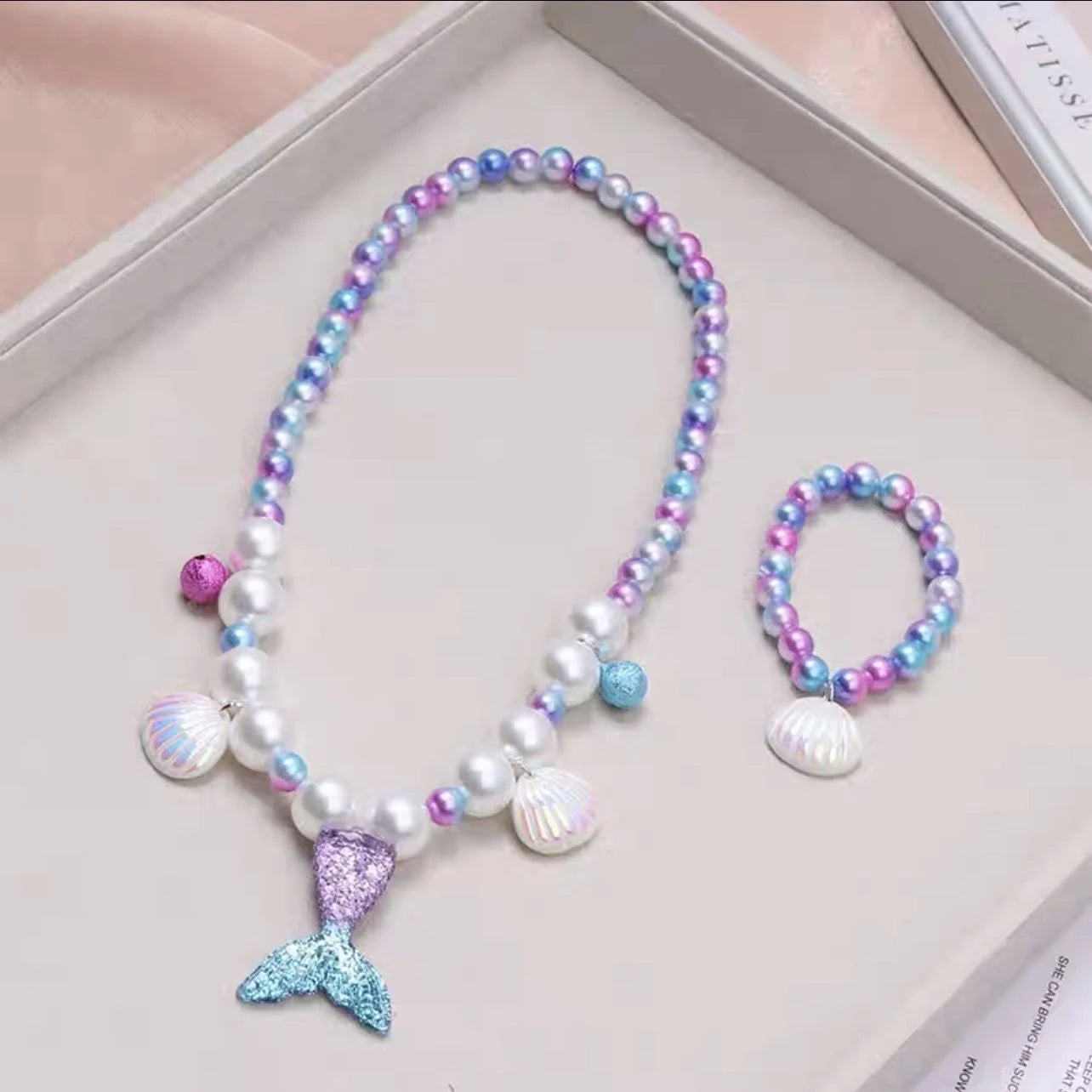 2/5Pcs Girls Jewelry Sets Mermaid Pearl Necklace Bracelet Ring Earring Set Kids Toys Children Princess Fashion Accessories (141)