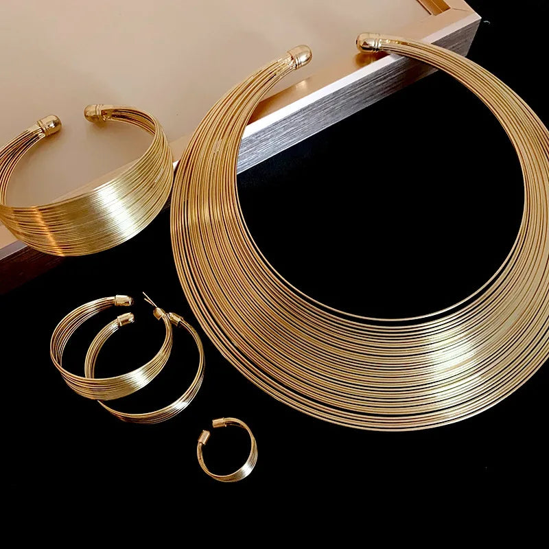 5 Pcs Metal Geometric Multi-Layer Jewelry Sets for Women 2025 European and American Temperament Necklace Earring Ring Set (155)