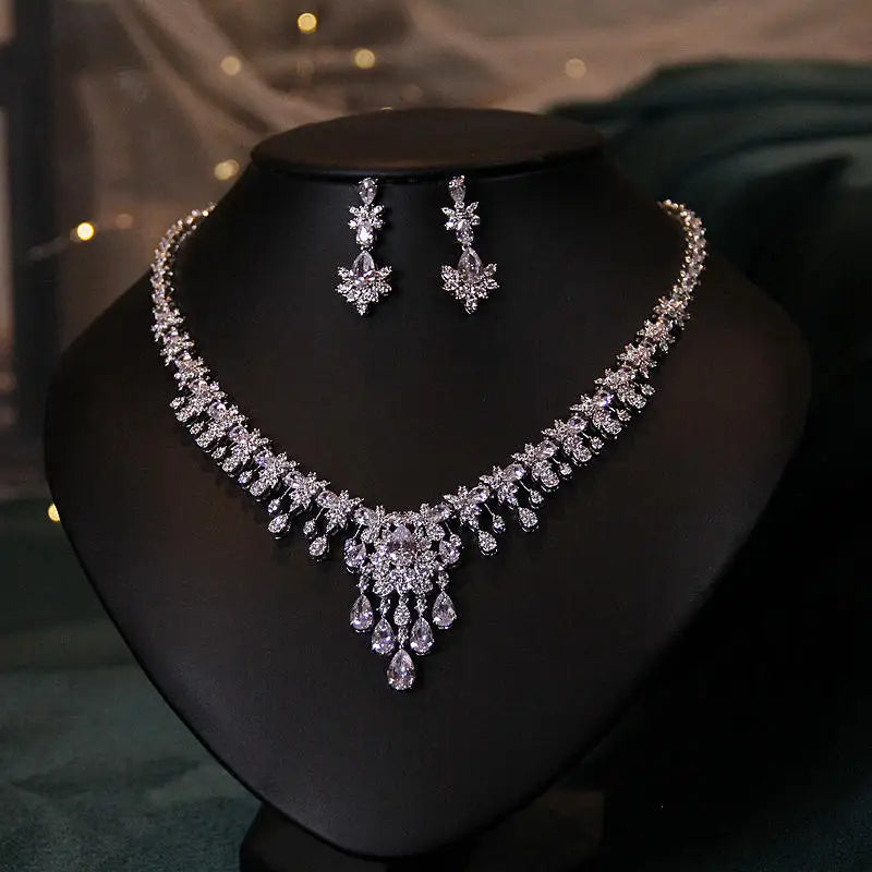 Bridal Necklace Earring Jewelry Set for Women Shine Zirconia White Gold Plated Vintage Style Party Dress Accessory (037)