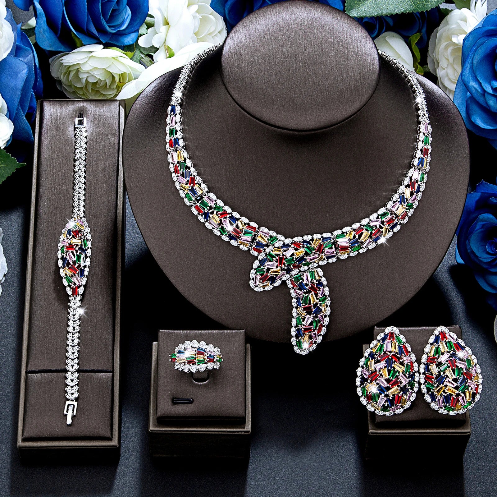 Popular 4-Piece Bridal Wedding Cubic Zirconia Jewelry Set for 2024, Women'S Wedding Necklace and Earring Ring Bracelet Set (050)