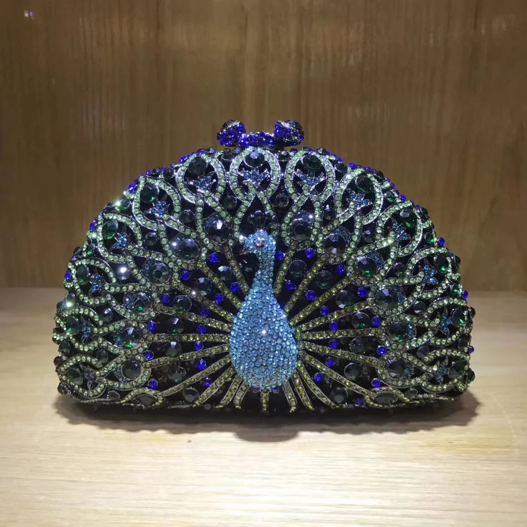 Woman Peacock Hollow Crystal Evening Bag Multicolored Diamond Bridal Animal Clutch Purse Wedding Cocktail Party Handbag