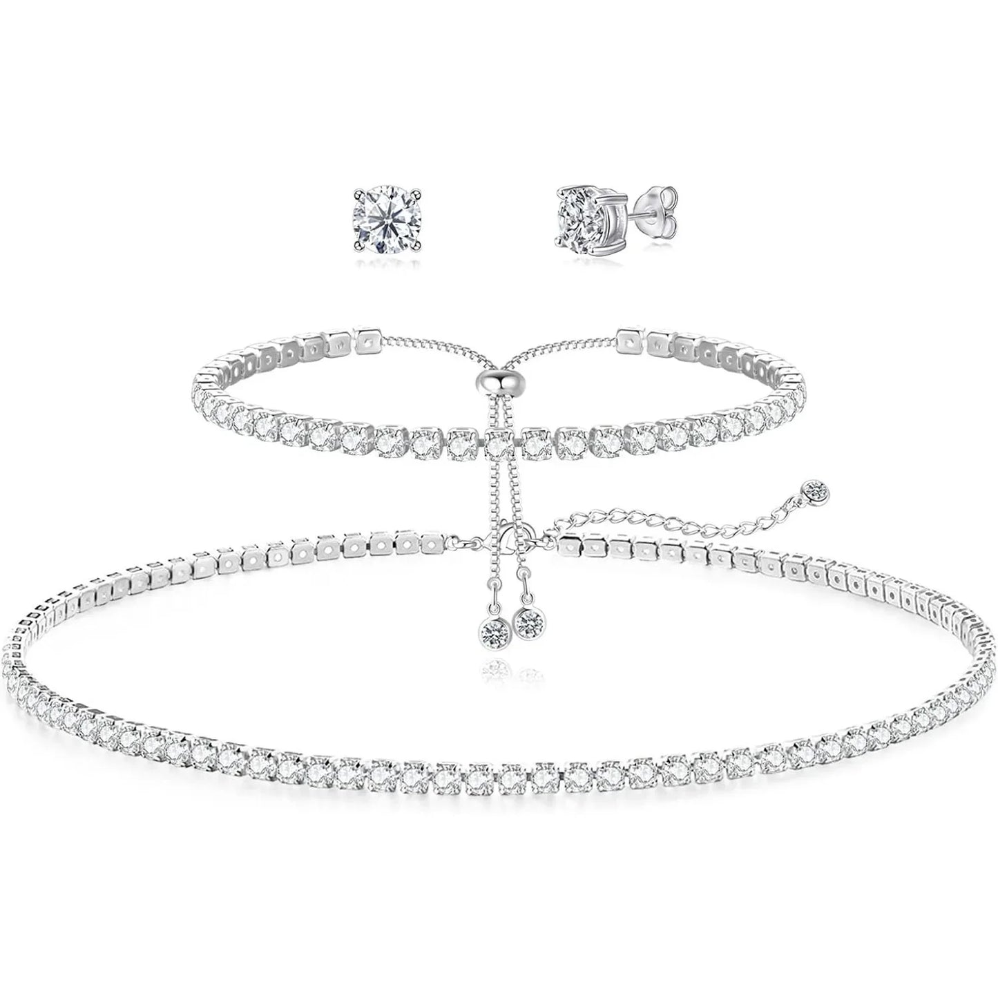 Tennis Necklace Bracelet for Women Sliver Plated Dainty Chocker Necklace Earrings Bracelet for Women Wedding Jewelry for Women (069)