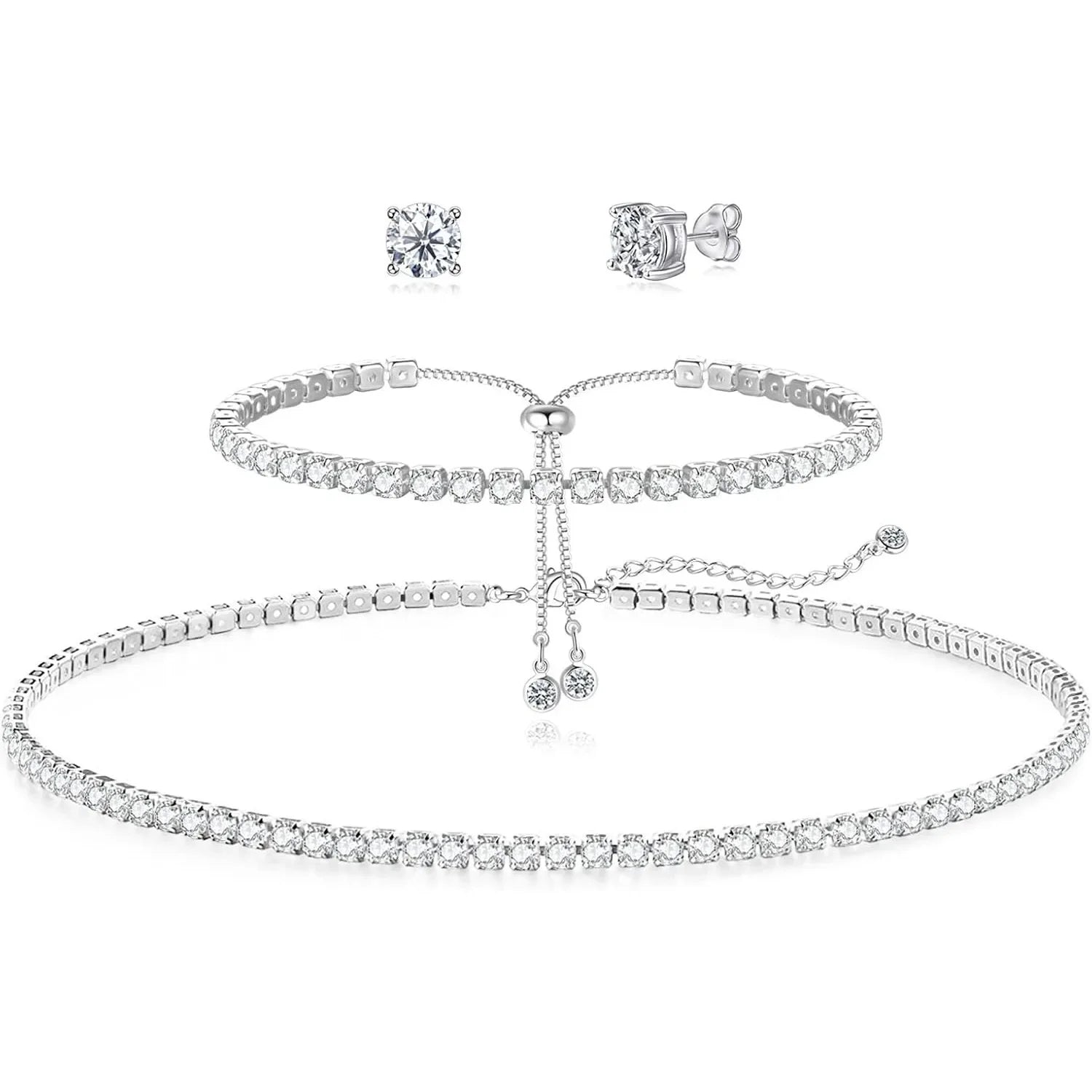 Tennis Necklace Bracelet for Women Sliver Plated Dainty Chocker Necklace Earrings Bracelet for Women Wedding Jewelry for Women (069)