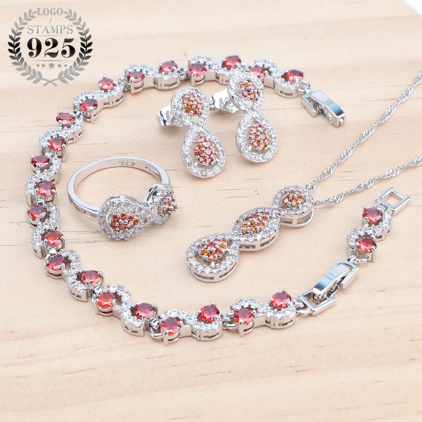 Ladies 925 Silver Jewelry Sets Red Zircon Earrings for Women Rings Wedding Jewelry Pendant Bridal Necklace Stones Bracelets Set (160)