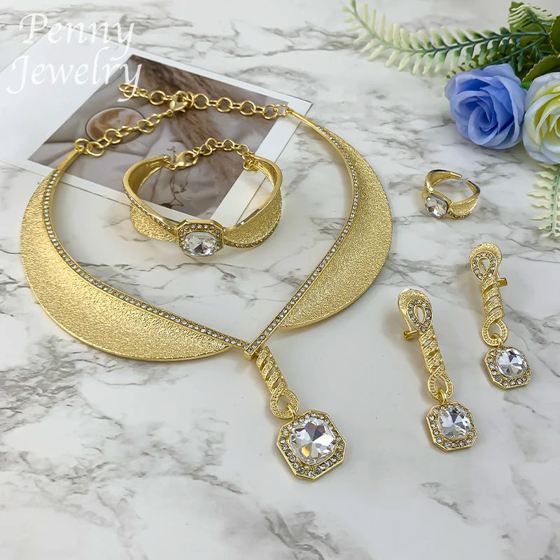 Rhinestone Bohemian Gold Plated 4Pcs Jewelry Set for Women Necklace Drop Earrings Bracelet Ring Bridal Wedding Party Gifts (148)