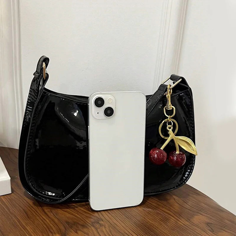 Vintage Retro Shoulder Bag for Women PU Leather Underarm Crossbody Ladies Casual Handbag Purse with Cherry Pendant (040)