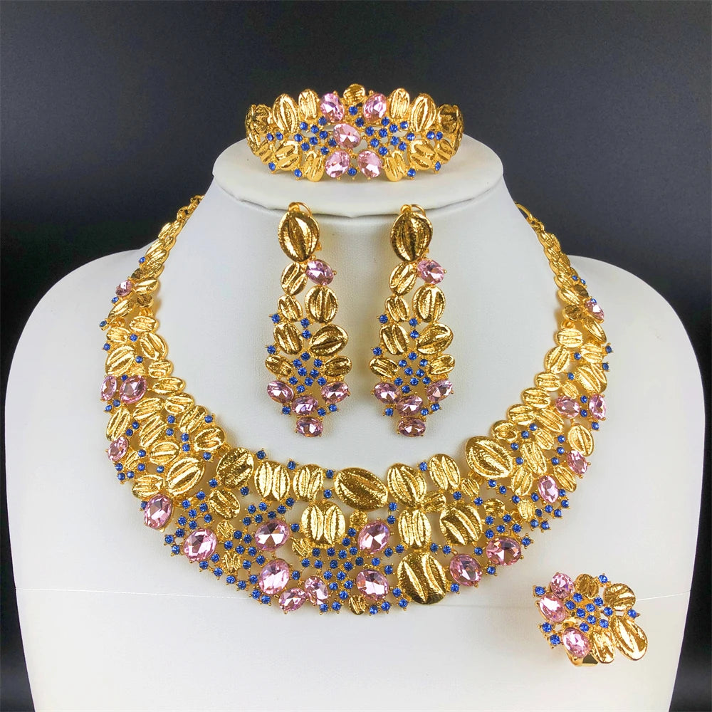 ESALE Vintage Opal Jewelry Set for Women Luxury Design Necklace Earrings Bracelet and Ring 18K Gold Plated Dubai Nigeria Jewelry