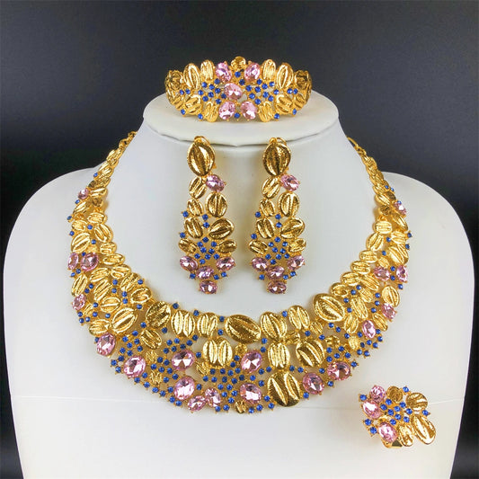 ESALE Vintage Opal Jewelry Set for Women Luxury Design Necklace Earrings Bracelet and Ring 18K Gold Plated Dubai Nigeria Jewelry