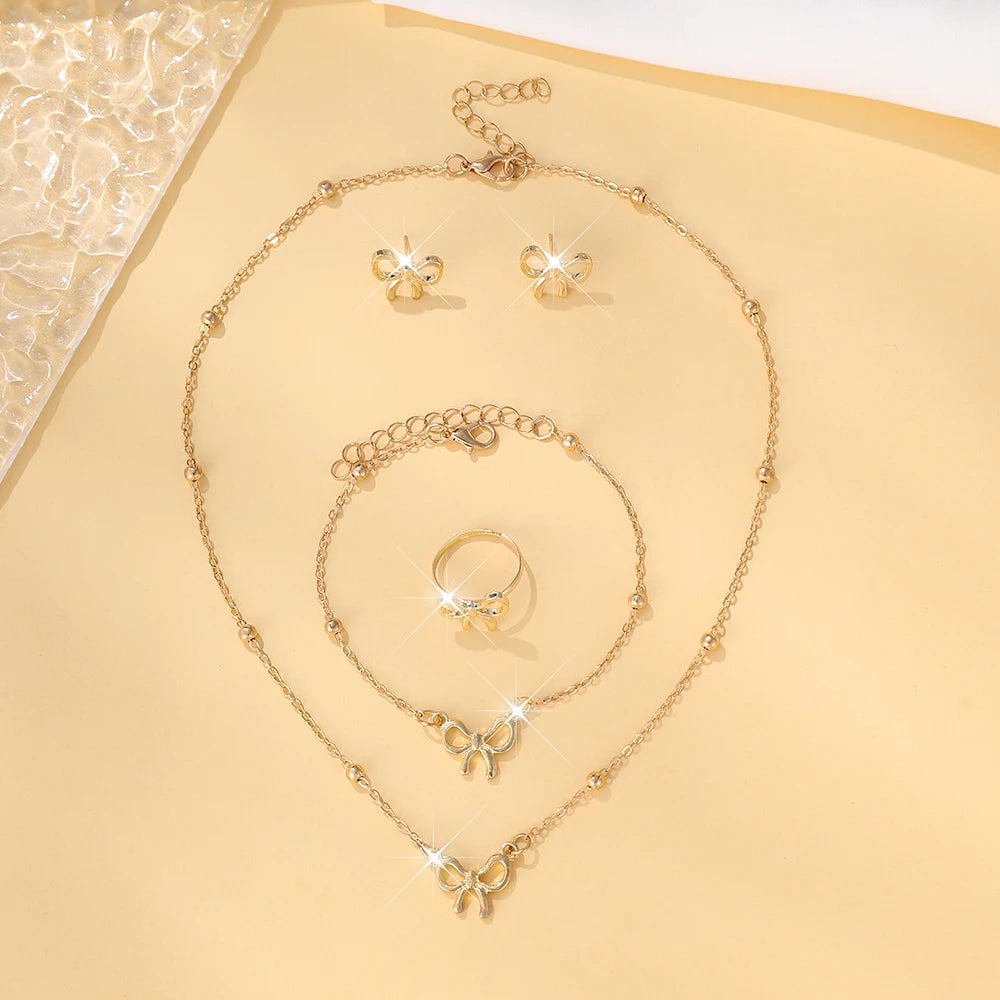 5Pcs Sweet Girls Bowknot & Butterfly Decor Pendant Necklace, Bracelet, Earrings Jewelry Set, Daily Accessories (122)
