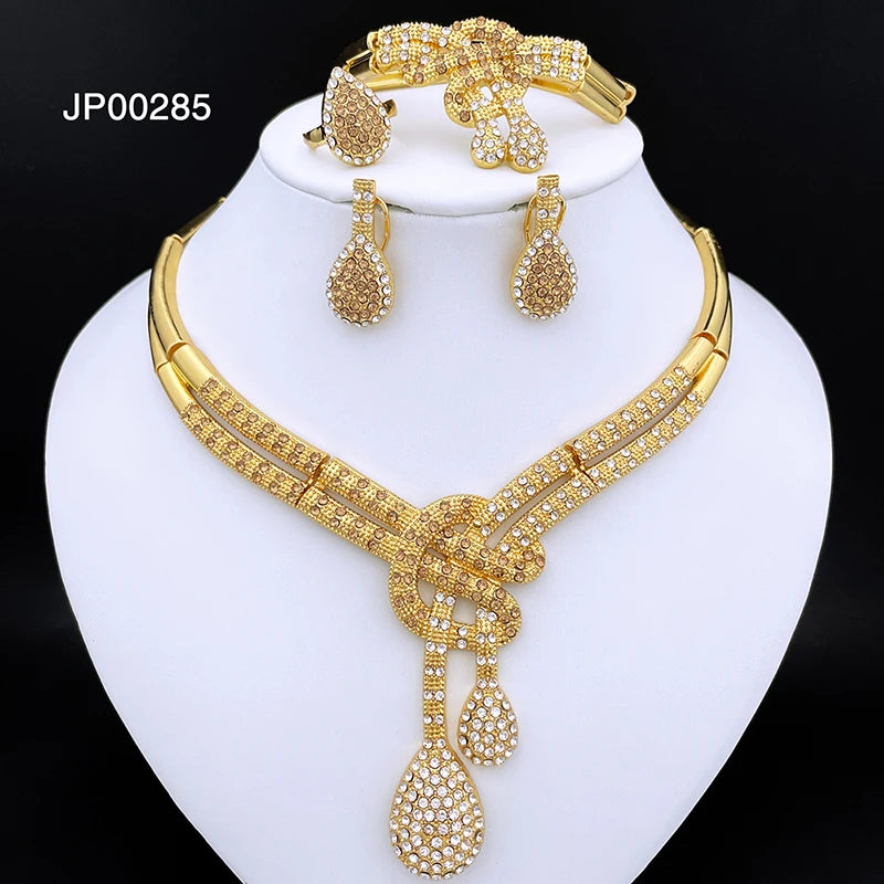 Dubai Gold Color Women Jewelry Sets Classic Design Necklace Earrings Charm Bracelet Ring Banquet Party Jewelry 18K Gold Plated (041)