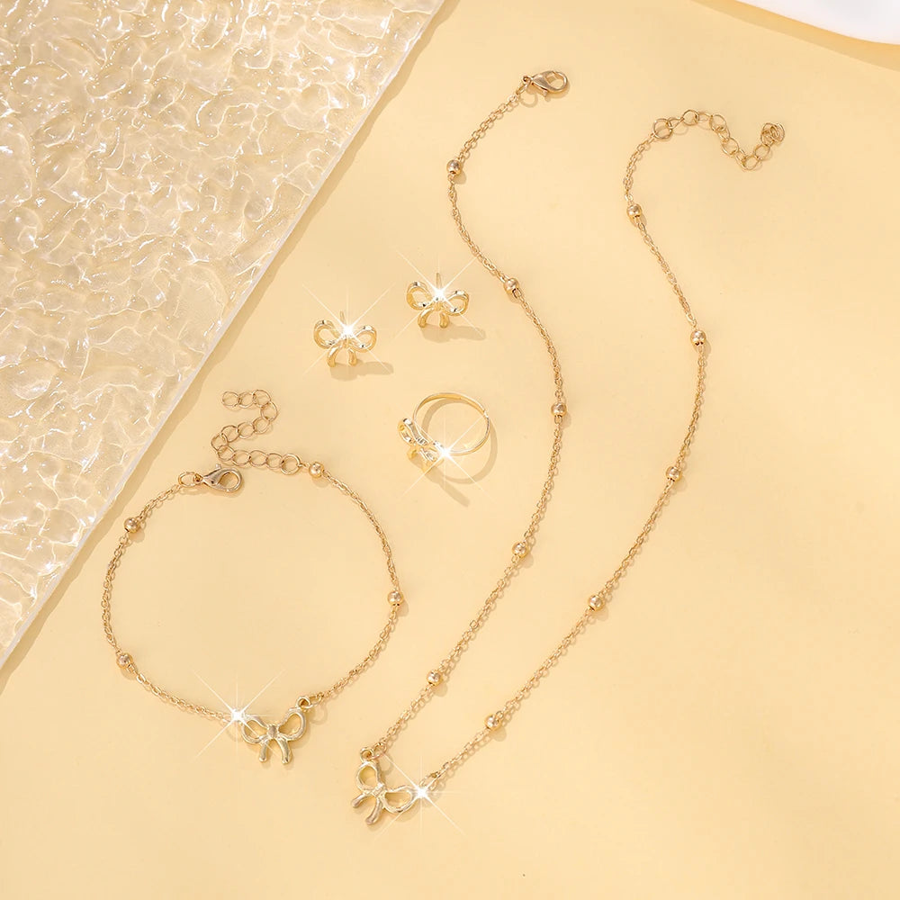 5Pcs Sweet Girls Bowknot & Butterfly Decor Pendant Necklace, Bracelet, Earrings Jewelry Set, Daily Accessories (122)