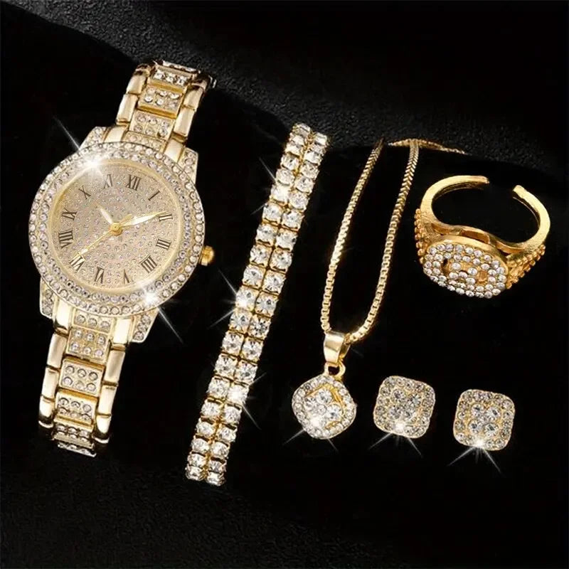 6Pcs/Set Women Watch Luxury Elegant Alloy Watch Crystal Wristwatch for Ladies Gift Quartz Watch Alloy Rhinestone Bracelet (133)