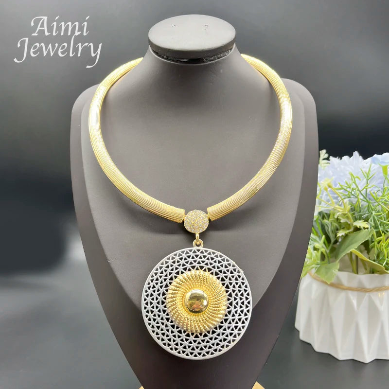 Large round Pendant 18K Gold Plated Jewelry Set for Women Necklace Earrings Bracelet Ring African Bridal Wedding Party Gifts (125)