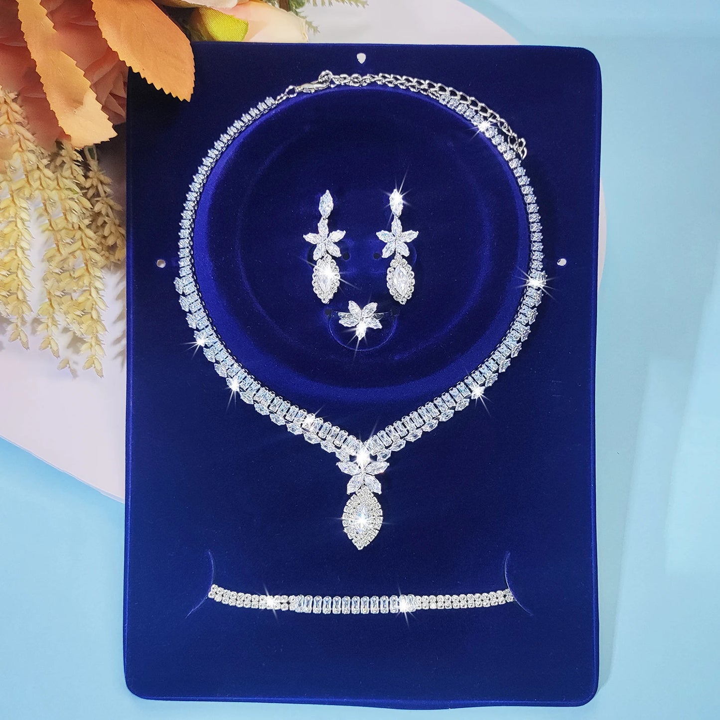 5Pcs/Set of Gorgeous High Grade Copper Set Full Zircon Exquisite Women'S Jewelry Set, Necklace Earrings Bracelet Ring Cubic Zirc (131)