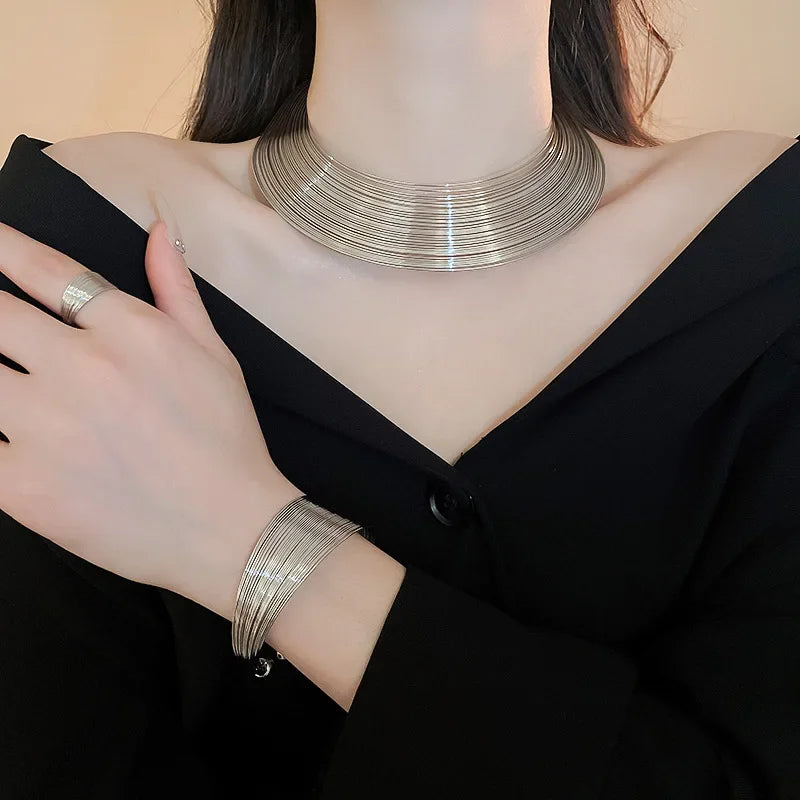5 Pcs Metal Geometric Multi-Layer Jewelry Sets for Women 2025 European and American Temperament Necklace Earring Ring Set (155)