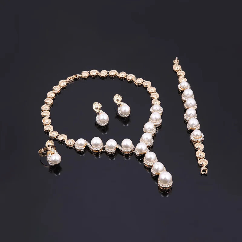 5 PCS Women'S Metal Jewelry Set Pearl Necklace Earring Bracelet Set Holiday Party Jewelry Bridal Wedding Jewelry (129)
