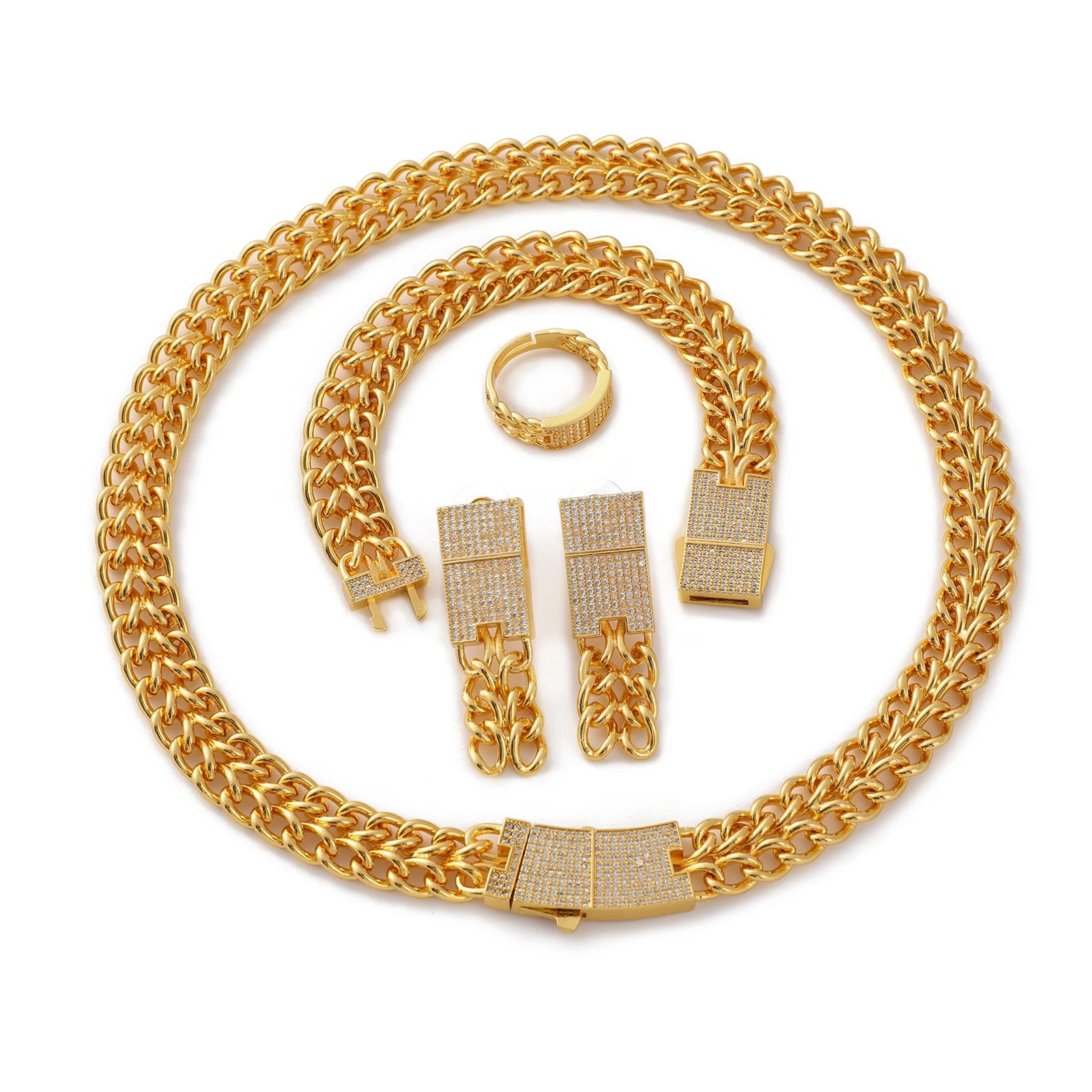 24K Gold Plated Miami Cuban Chain Necklace Set of Four Micropaved Rectangular Cubic Zirconia Cuban Chain Hip Hop Jewelry