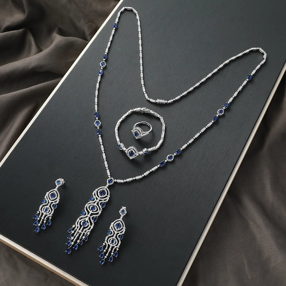 High Quality Tassel Jewelry Set for Women Luxury AAA Zircon Ring Necklace Earrings 3 Piece Set Suitable for Engagement Jewelry (054)