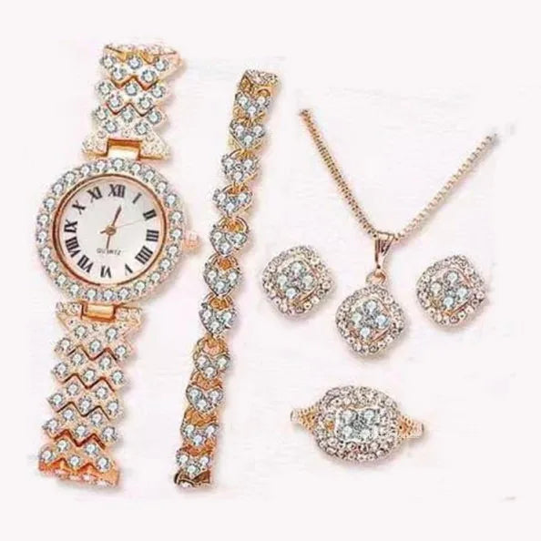 5Pcs Women Rhinestone Watch Fashion Ladies Quartz Wristwatch with Bracelet Necklace Wedding Jewelry for Gift (119)