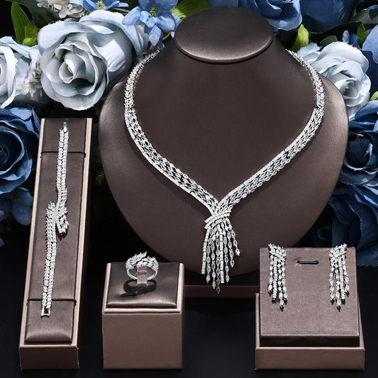Nigeria Bridal Zirconia for Women Party Luxury Dubai Necklace Bracelet Earringa Rings CZ Crystal Wedding Jewelry Sets (066)