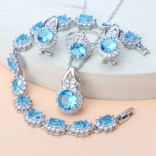 Ladies round Blue Zircon Jewelry Sets 925 Sterling Silver Earrings Rings Bracelets for Women Wedding Pendant Necklace Birdal Set (157)