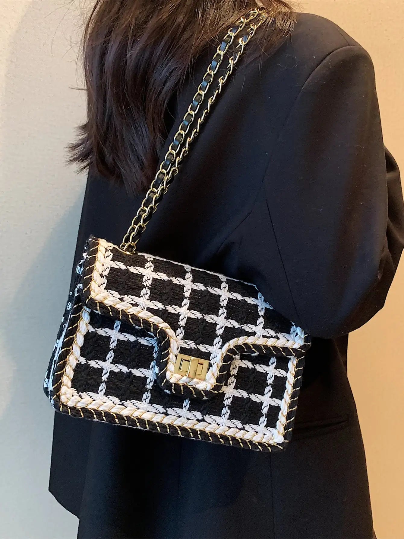 Black & White Plaid Casual Shoulder Bag Crossbody Handbag Women'S Shoulder Bags Handbags with Top Handle Fashion Square Bag (034)