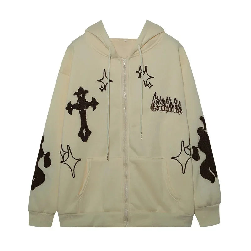 2024 Autumn/Winter Hooded Sweatshirt Embroidered Cross Fire Jacket Fleece-Lined Couple Loose-Fit Top Sweatshirt