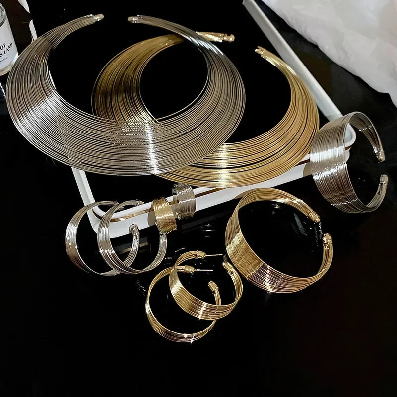 5 Pcs Metal Geometric Multi-Layer Jewelry Sets for Women 2025 European and American Temperament Necklace Earring Ring Set (155)