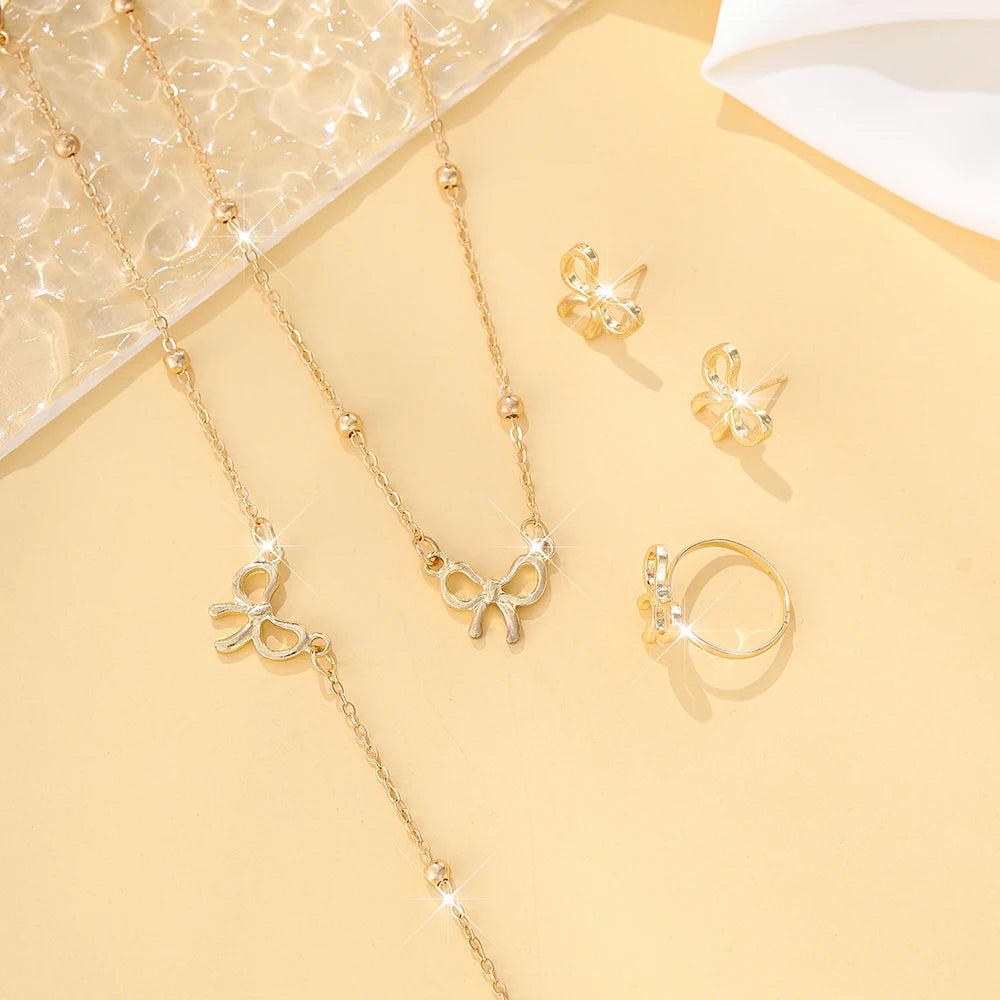 5Pcs Sweet Girls Bowknot & Butterfly Decor Pendant Necklace, Bracelet, Earrings Jewelry Set, Daily Accessories (122)