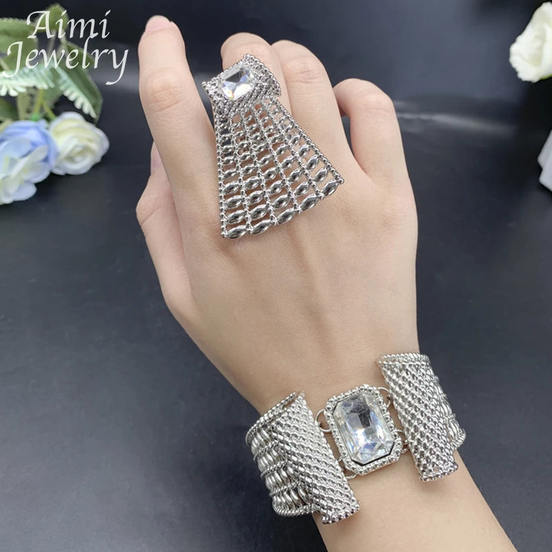 Retro Gemstone Necklace Earrings Bracelet Ring Rhinestone Silver Plated Jewelry Set for Women African Bridal Wedding Party Gifts (143)