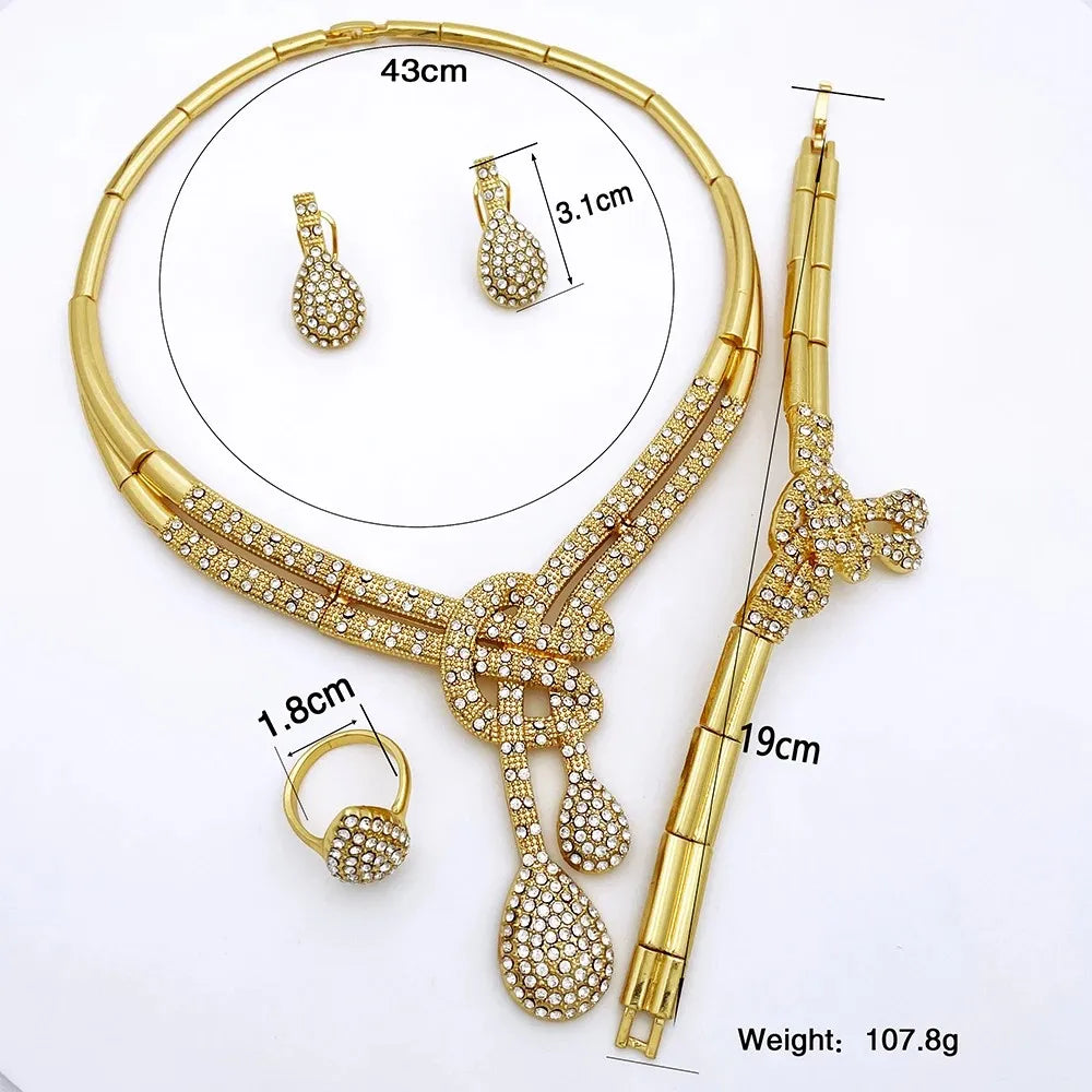 Dubai Gold Color Women Jewelry Sets Classic Design Necklace Earrings Charm Bracelet Ring Banquet Party Jewelry 18K Gold Plated (041)