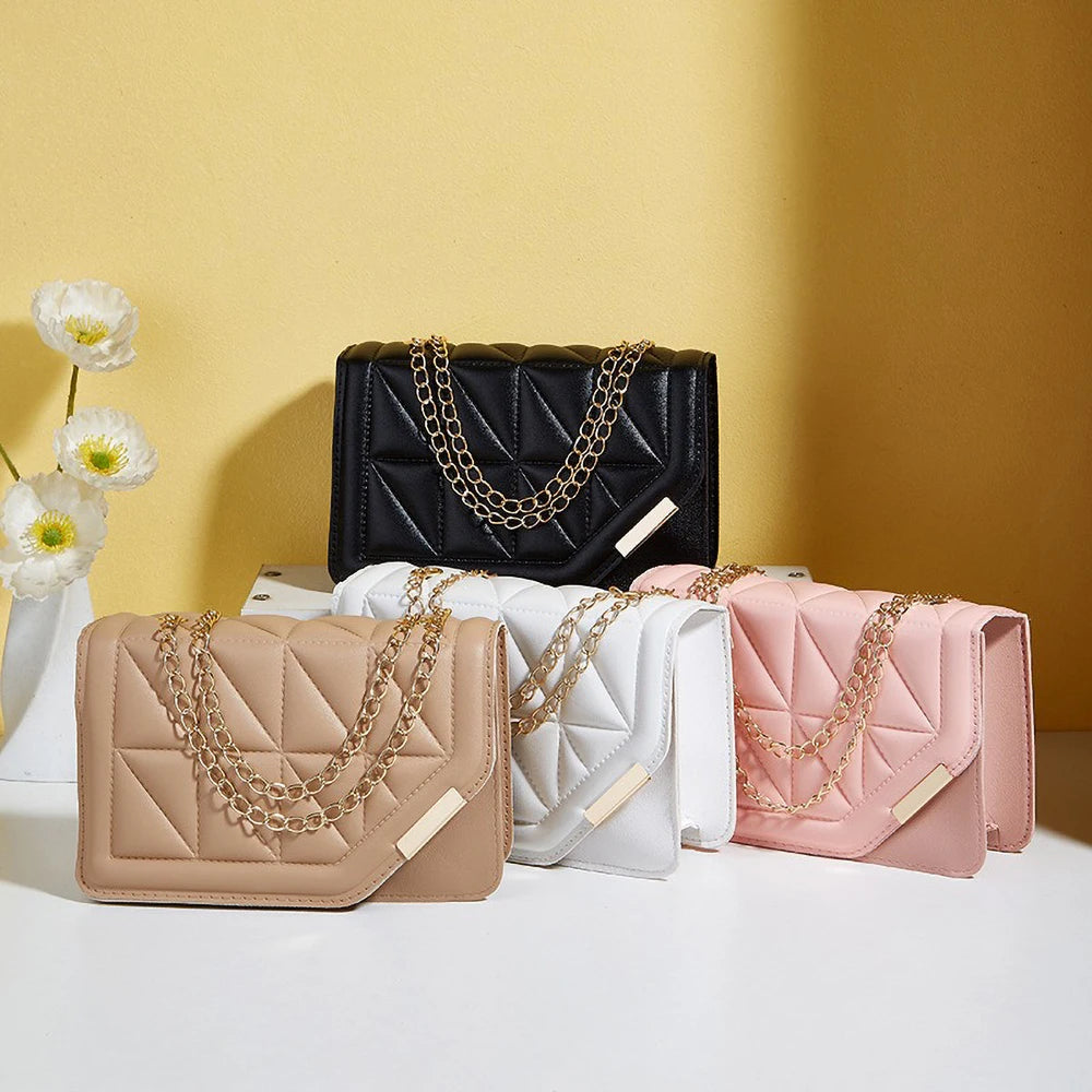 Trendy Embroidered Square Bag - Diamond Pattern Shoulder Purse with Chain Strap & Magnetic Closure (018)