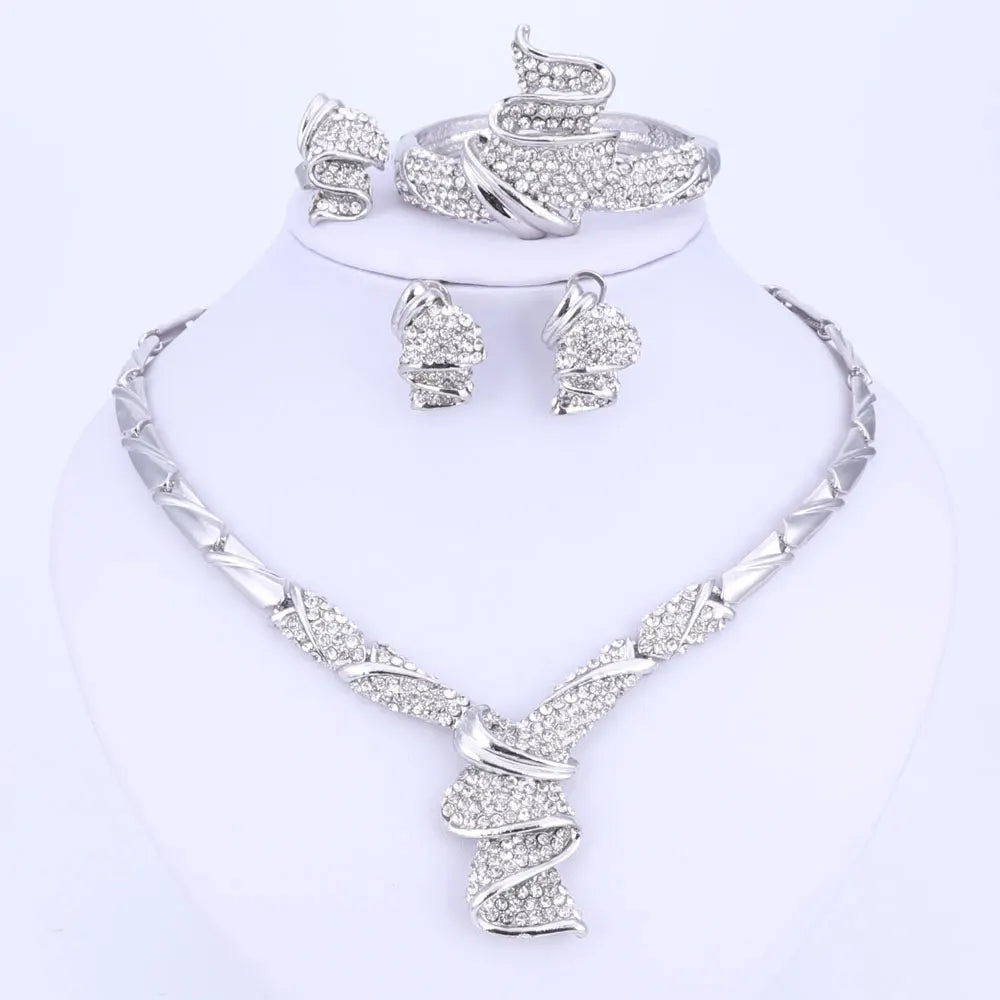 Wholesale Fashion Gold Color Alloy Rhinestone Wedding Jewelry Sets Necklace Bracelet Ring Earrings for Women Bridal (047)