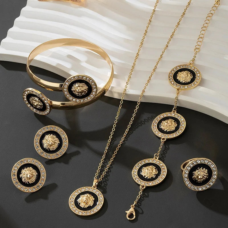 5Pcs/Set Gold-Plated Lion Head Party Jewelry Set for Women Crystal Pendant Necklace Bracelet Chains Bangles Earrings Ring (135)