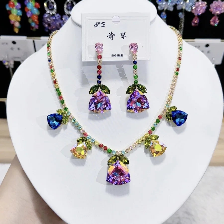 Women Colorful Fashion Zircon Necklace Earrings 2024 (89)