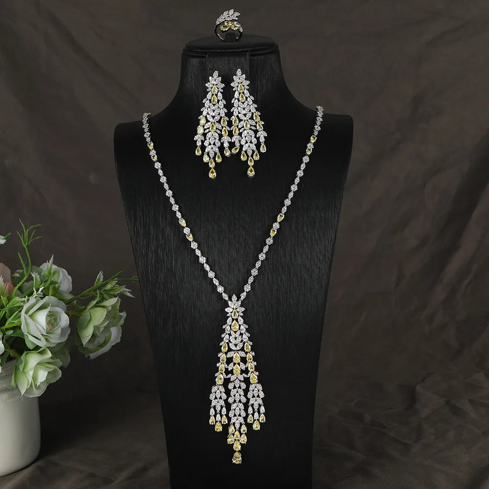 High Quality Tassel Jewelry Set for Women Luxury AAA Zircon Ring Necklace Earrings 3 Piece Set Suitable for Engagement Jewelry (054)