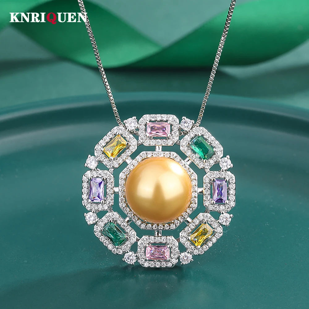 Luxury 14Mm White Gold Big Pearl Gemstone Pendant Necklace for Women High Carbon Diamonds Party Fine Jewelry Anniversary Gifts (086)