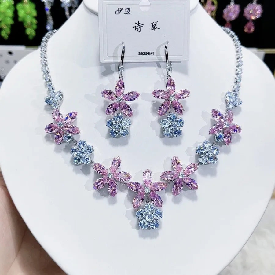 Women Colorful Fashion Zircon Necklace Earrings 2024 (89)
