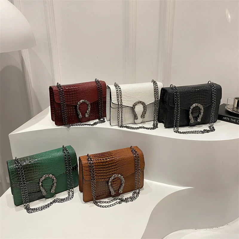 Retro Crocodile Pattern Ladies Faion Chain Oulder Bag Versatile High-End Feel Small Square Crossbody Bag for Young Women (076)