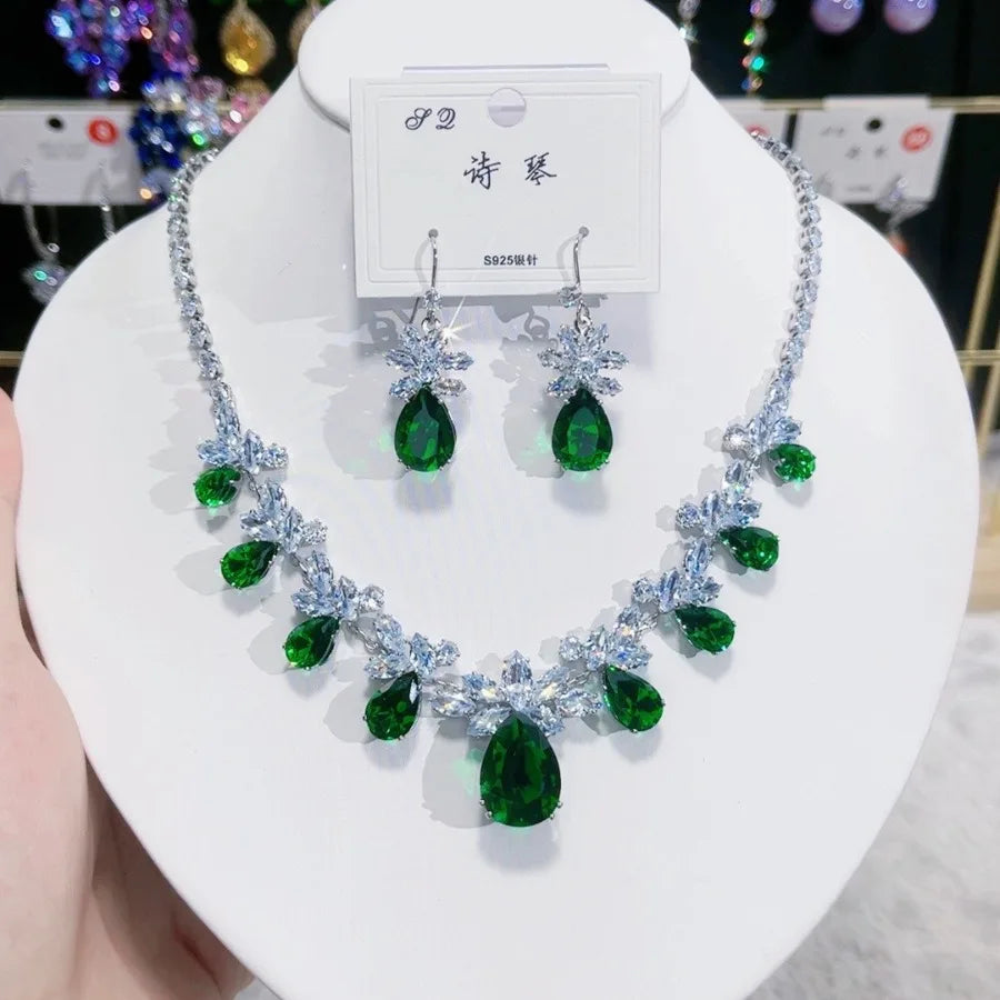 Green Emerald Waterdrop Pendant Zirconia Necklace Earrings Women New Silver Color Bridal Wedding Fashion Jewelry Set Party Gifts (096)