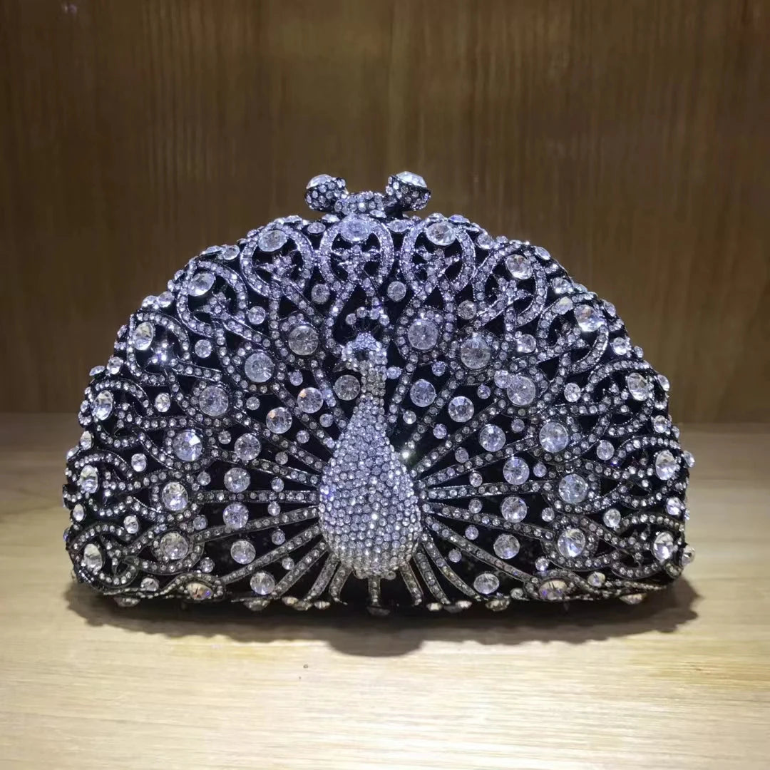 Woman Peacock Hollow Crystal Evening Bag Multicolored Diamond Bridal Animal Clutch Purse Wedding Cocktail Party Handbag