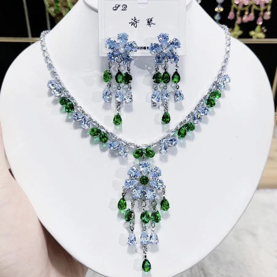 Women Colorful Fashion Zircon Necklace Earrings 2024 (89)