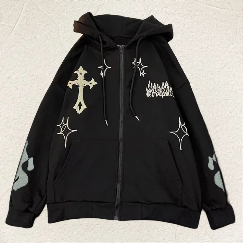 Europe and the United States Autumn and Winter Hoodie Embroidered Cross Fire Jacket plus Cashmere Lovers Loose Sweater
