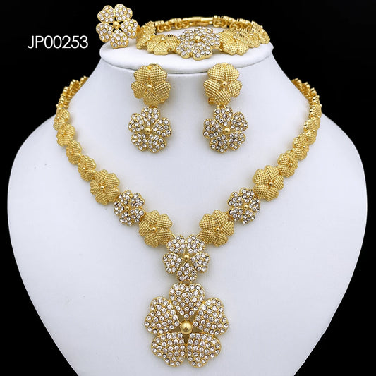 Dubai Nigeria Jewelry Sets for Women Luxury Design Five Petals Flower Pendant Necklace Earring Bracelet and Ring