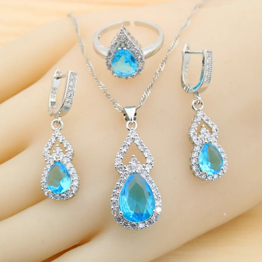 Fashion Sky Blue Water Drop Zirconia 925 Silver Jewelry Sets for Women Earrings Necklace Pendant Ring Bracelet Wedding Gift (154)