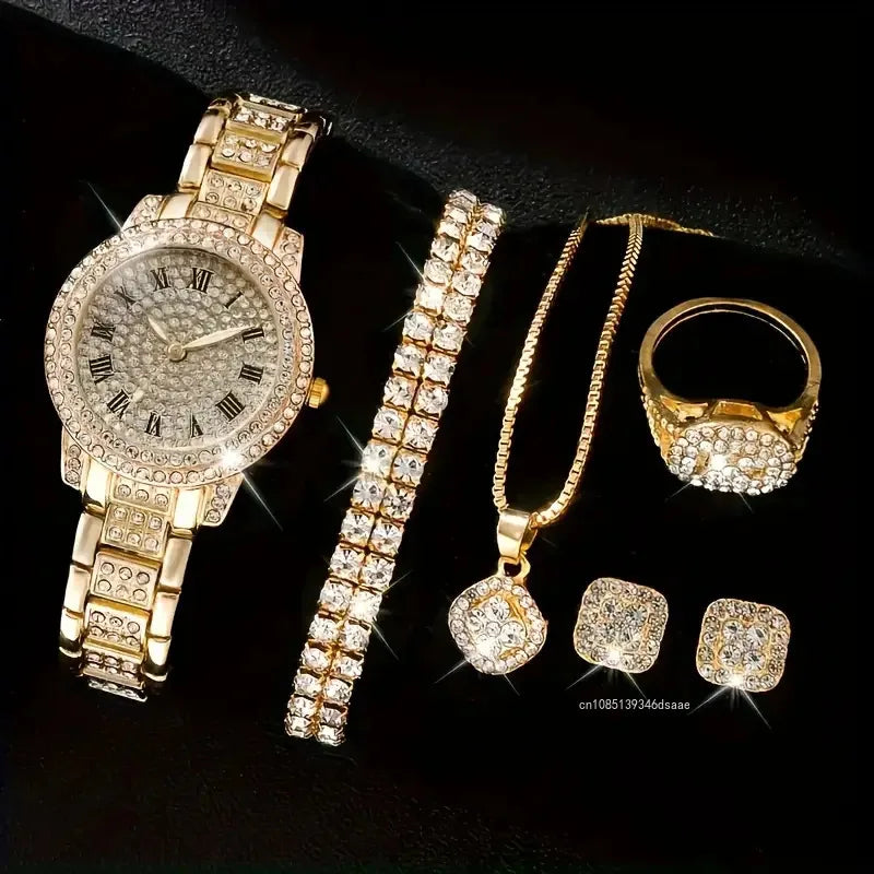 5Pcs Women Rhinestone Watch Fashion Ladies Quartz Wristwatch with Bracelet Necklace Wedding Jewelry for Gift (119)