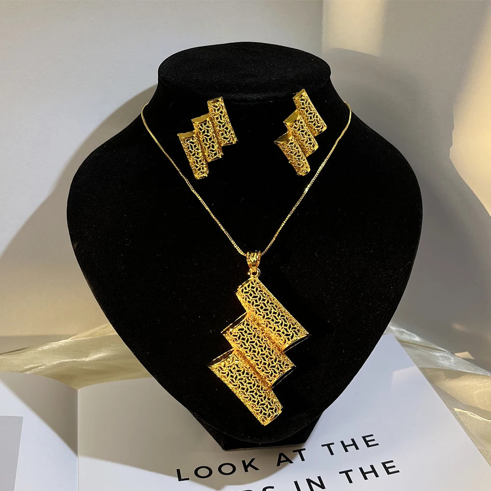 Dubai 24K Gold Color Long Jewelry Sets Wedding African Necklace Earrings for Women Nigerian Indian Bridal Set Party Gifts (073)