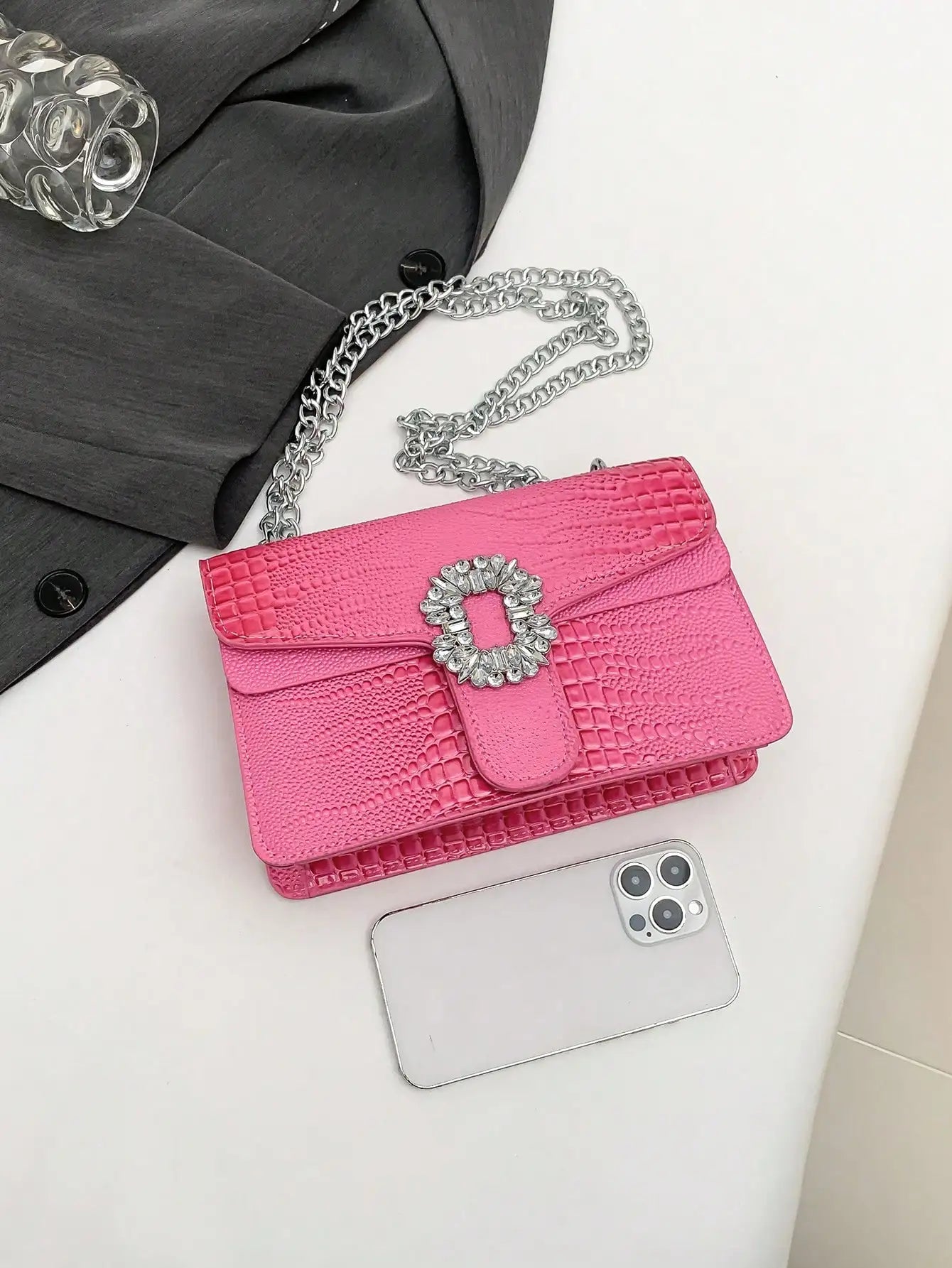 Crocodile Embossed Shoulder Bags for Women Flap PU Leather Fashion Rhinestone Decor Small Square Crossbody Bag Designer Handbag (016)